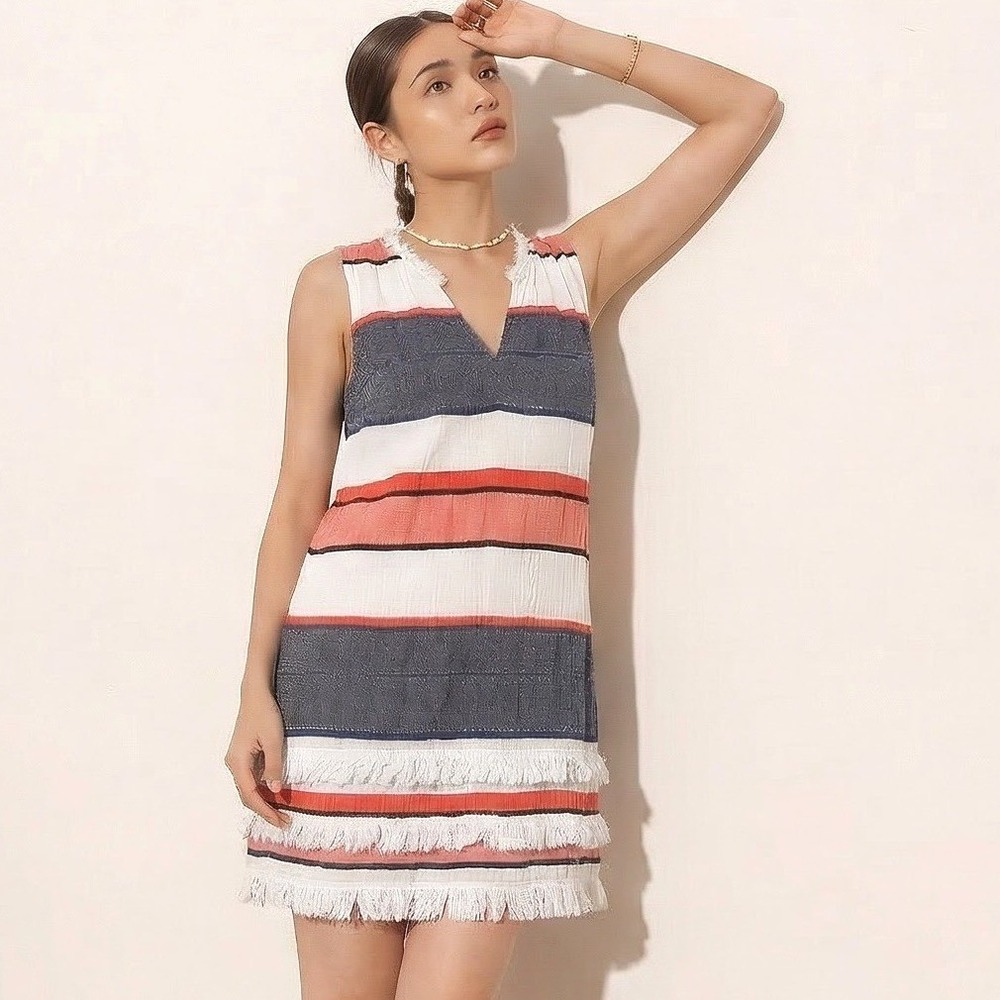 Chelsea & Theodore Striped Shift Dress Womens M Multi Color Excellent Fringe Hem